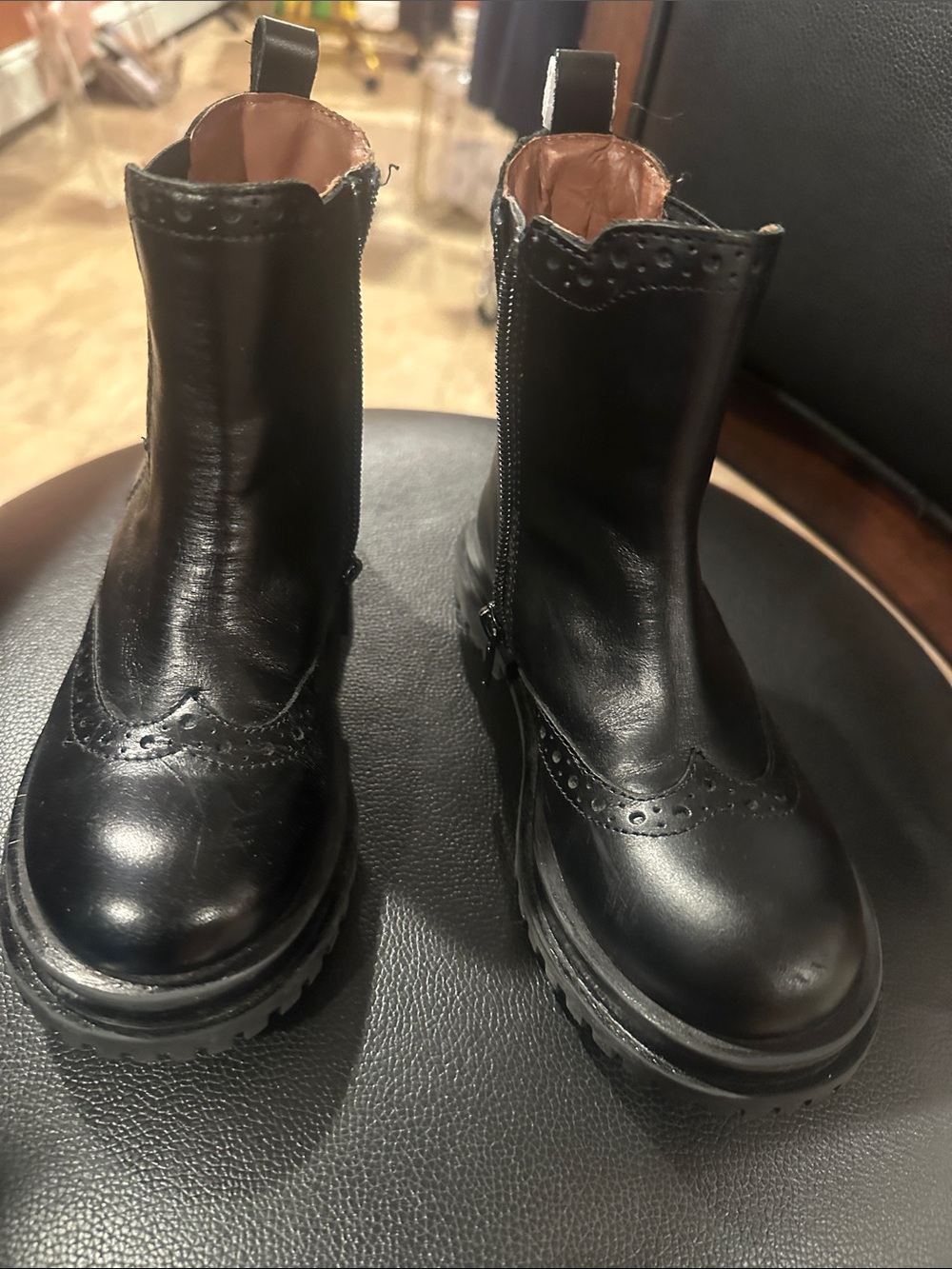 Zara Kids Black Leather Ankle Boots with Brogue Detail